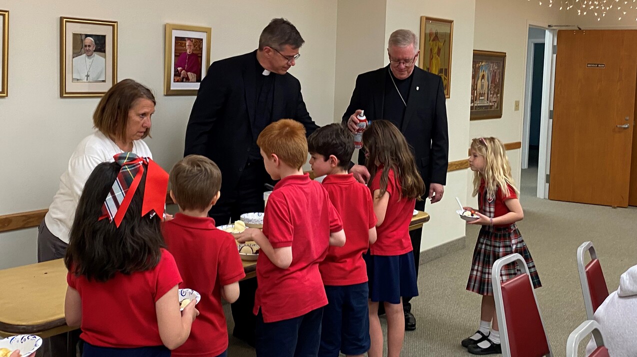 St. Brendan School welcomes Bishop Woost for Ice Cream with the Bishop, Gallery Walk visit