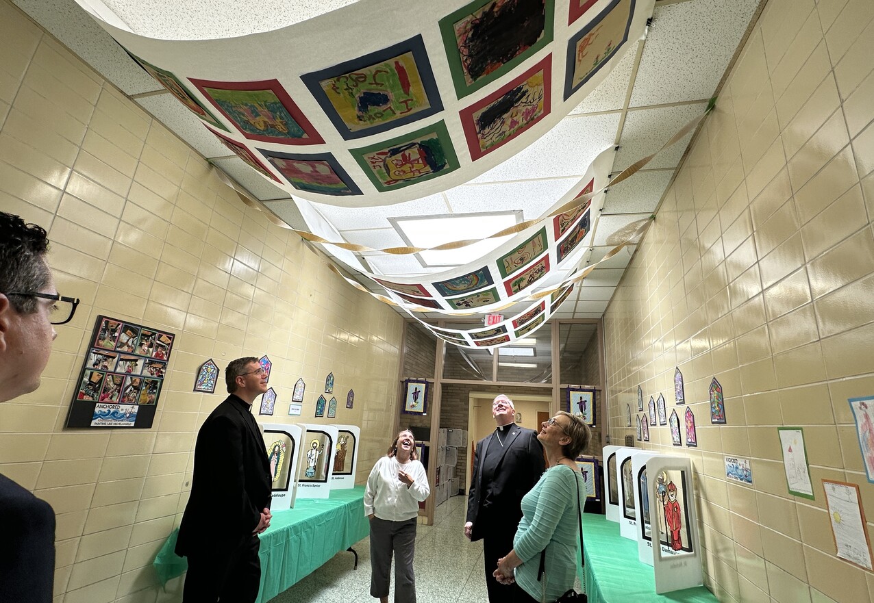 St. Brendan School welcomes Bishop Woost for Ice Cream with the Bishop, Gallery Walk visit